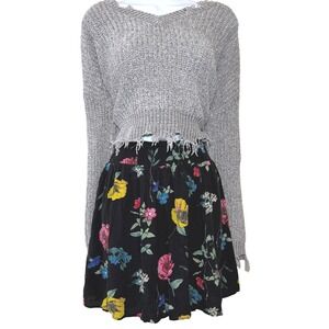 Floral Mini Skirt Women Medium Skater Black Cottagecore Festival Prairie Country